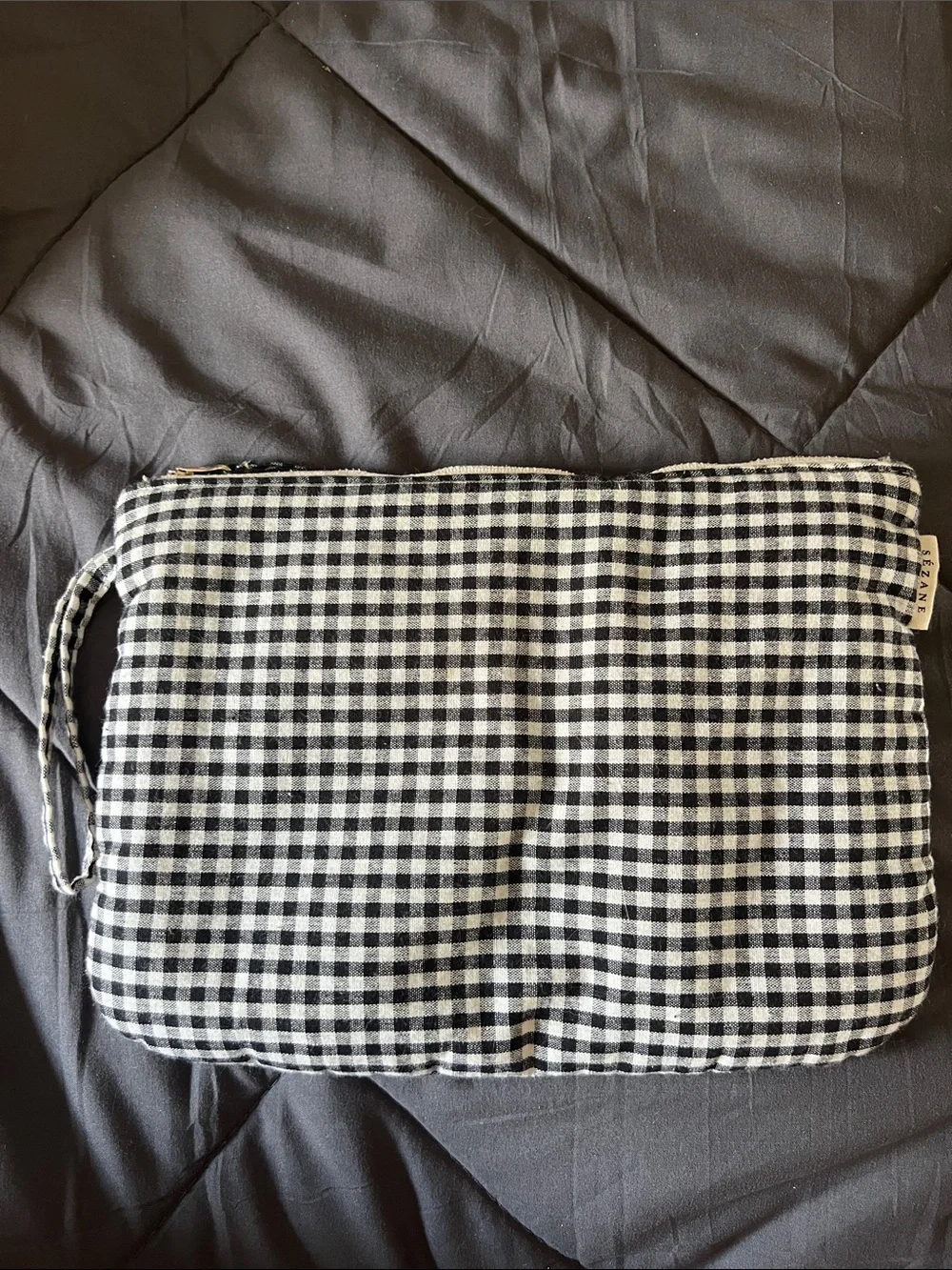 Sezane Monogrammed Black & White Gingham Pouch with Red 'M' Accent